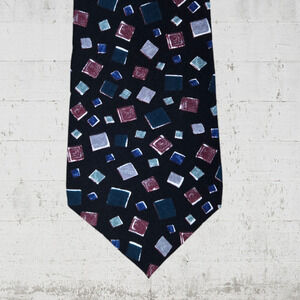 1990s Vintage Navy Square Geometric Pattern 100% Italian Silk Neck Tie 3.75 x 57